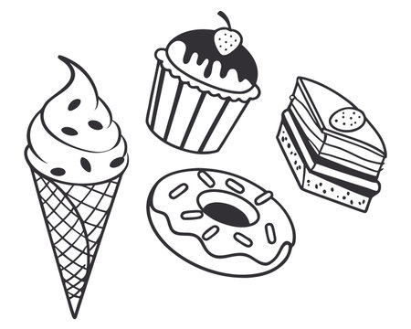 Set of vector hand drawn doodle desserts. Ice cream, cake, donut, cupcake. Vector illustrationのイラスト素材