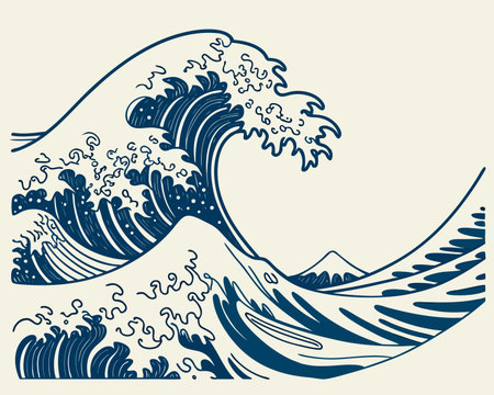 Surfing wave, vector illustration in hand drawn style. Sea waves.のイラスト素材