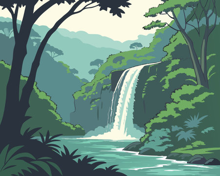 Waterfall in the jungle. Vector illustration in a flat style.のイラスト素材