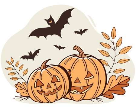 Halloween pumpkins with bats and autumn leaves. Vector illustration.のイラスト素材
