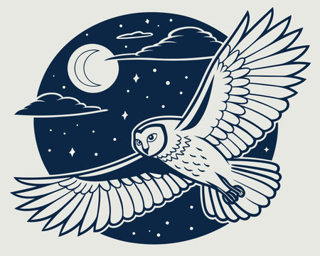 Owl flying in the night sky with moon. Vector illustration.のイラスト素材