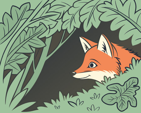 Illustration of a cute fox in the forest. Vector illustration.のイラスト素材