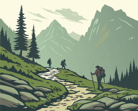 Hiking in the mountains. Vector illustration in a flat style.のイラスト素材