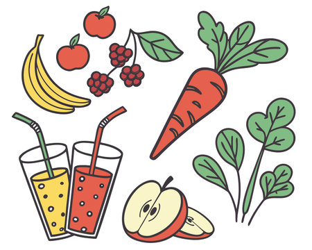 Fruit and vegetable juices and smoothies. Vector hand drawn illustration.のイラスト素材