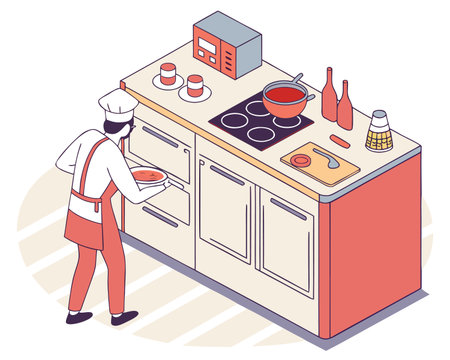 Cooking isometric composition with chef cooking food in kitchen vector illustrationのイラスト素材