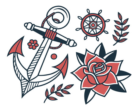 Anchor, steering wheel, rose and leaves. Vector illustration.のイラスト素材