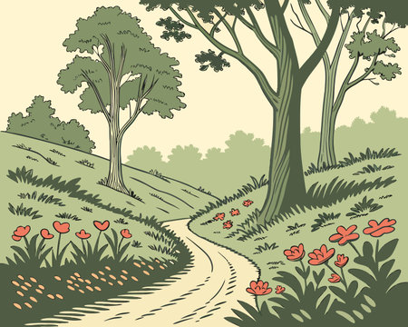 Vector illustration of a spring landscape with trees, grass and flowers.のイラスト素材