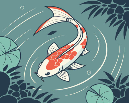 Koi fish on a background of tropical plants. Vector illustration.のイラスト素材