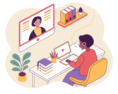 Online education concept. Young woman studying at home. Online course, webinar, lecture. Vector illustration.のイラスト素材