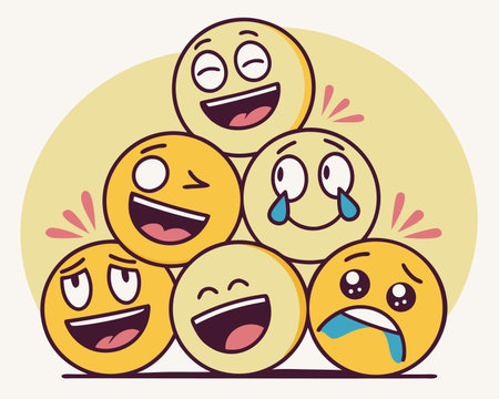 Cartoon illustration of a group of emoticons with different facial expressions.のイラスト素材