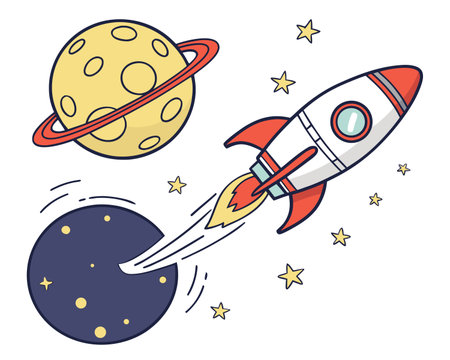 Space rocket and planets vector illustration. Cartoon space rocket with planets and stars.のイラスト素材