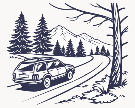 Car on the road in the mountains. Hand drawn vector illustration.のイラスト素材