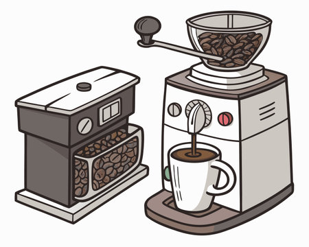 Coffee grinder and cup with coffee beans. Vector illustration.のイラスト素材