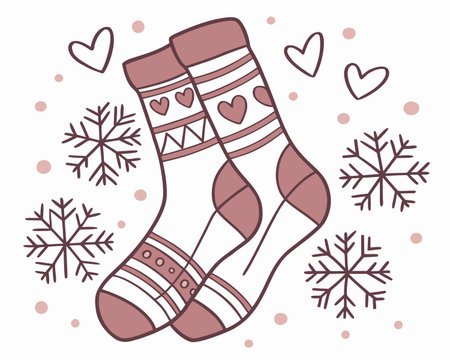 Christmas socks with hearts and snowflakes. Vector illustration in doodle style.のイラスト素材