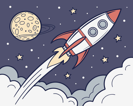 Space rocket flying in the night sky. Vector illustration. Cartoon style.のイラスト素材