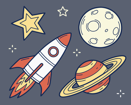 Rocket and planets doodle set. Vector illustration in cartoon styleのイラスト素材