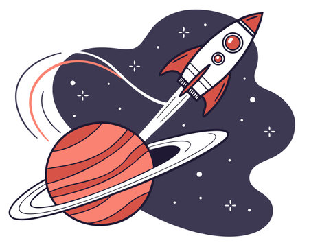 Space rocket and planets in outer space. Vector illustration in flat style.のイラスト素材