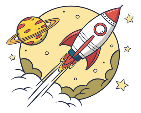 Rocket in the space with planets and stars. Vector illustration in cartoon style.のイラスト素材