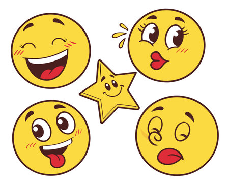 Smiley emoticons with different emotions. Vector illustration isolated on white background.のイラスト素材