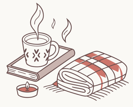 Cup of coffee, book, candle and plaid. Vector illustration.のイラスト素材