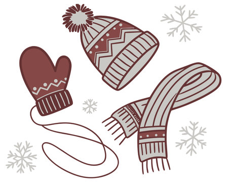 Winter hat, scarf and mittens isolated on white background. Vector illustration.のイラスト素材