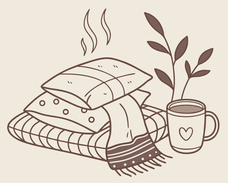 Illustration of a cozy breakfast with a cup of coffee and a pillowのイラスト素材