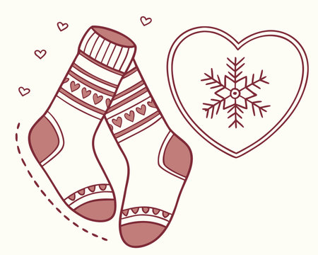 Vector illustration of a pair of Christmas socks, heart and snowflake.のイラスト素材
