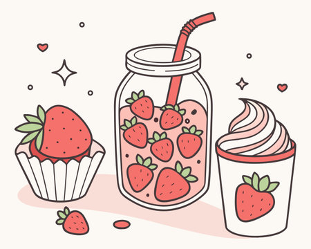 Strawberry smoothie in a jar and cupcake. Hand drawn vector illustration.のイラスト素材