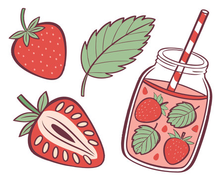 Strawberry smoothie in a glass jar with a straw and a strawberry on a white backgroundのイラスト素材