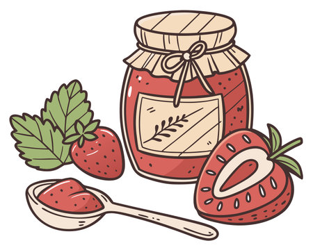 Strawberry jam in a jar with a spoon. Vector illustration.のイラスト素材
