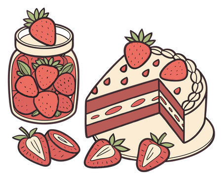 Vector illustration of a jar with strawberries and a piece of cake.のイラスト素材