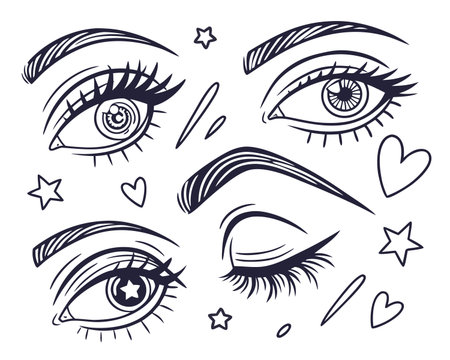 Set of female eyes with eyelashes and stars. Vector illustration.のイラスト素材