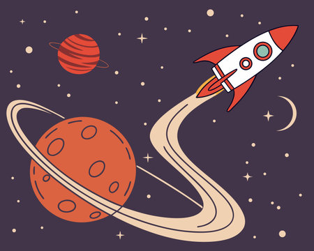 Rocket and planets in space. Vector illustration in flat cartoon style.のイラスト素材