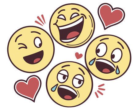 Illustration of a group of emoticons with hearts around them.のイラスト素材