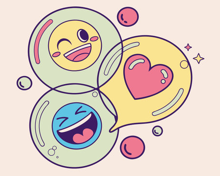 Vector illustration of speech bubbles with happy and sad faces in pastel colorsのイラスト素材