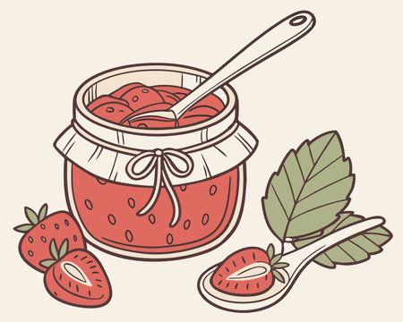 Strawberry jam in a glass jar and a spoon. Vector illustration.のイラスト素材