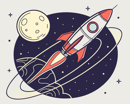 Space rocket flying in outer space. Vector illustration. Doodle style.のイラスト素材