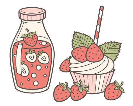 Strawberry smoothie in a bottle and a glass with a straw. Vector illustration.のイラスト素材