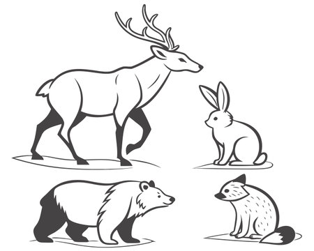 Set of deer, hare, bear, rabbit, fox and hare. Vector illustrationのイラスト素材