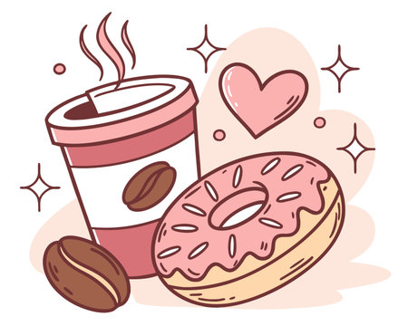 Coffee cup with donut and coffee beans. Vector illustrationのイラスト素材
