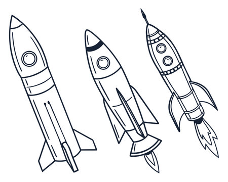 Set of space rockets. Vector illustration in doodle style.のイラスト素材