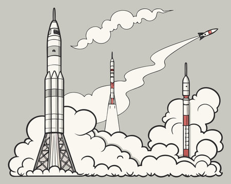 Rocket in the sky. Vector illustration. Isolated on gray background.のイラスト素材