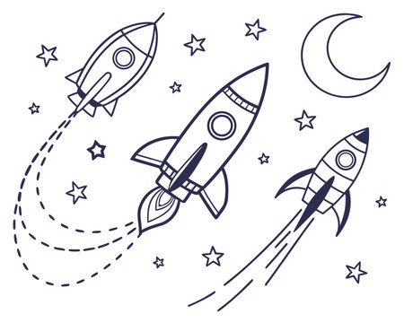 Rocket and stars. Space exploration. Vector illustration in doodle styleのイラスト素材
