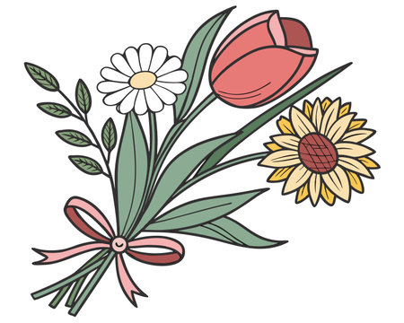 Vector illustration of a bouquet of tulips and daisiesのイラスト素材