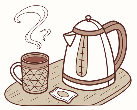 coffee cup and teapot, vector illustration in doodle styleのイラスト素材