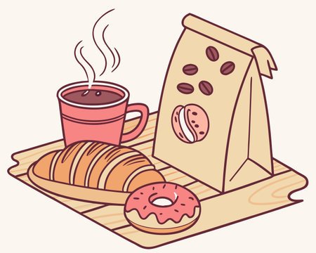 Coffee and croissant. Vector illustration in doodle style.のイラスト素材