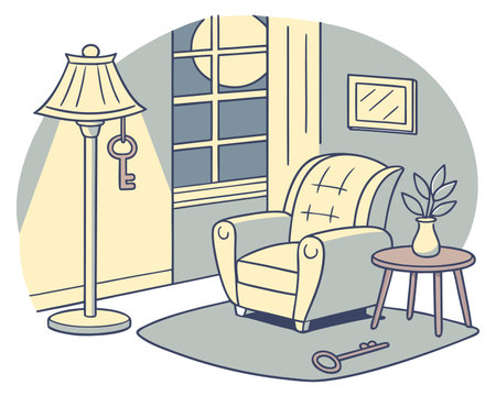 Illustration of living room with armchair, lamp and table.のイラスト素材
