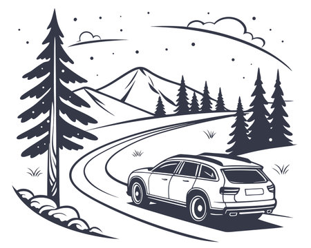 Car on the road in the mountains. Monochrome vector illustrationのイラスト素材