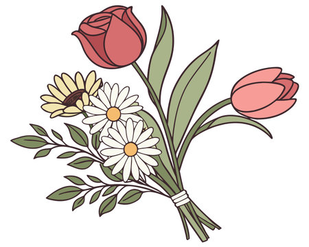 Bouquet of tulips and chamomiles. Vector illustrationのイラスト素材