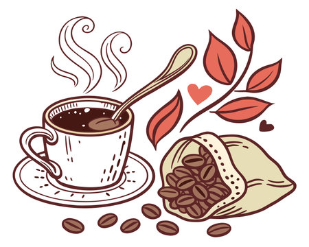 Coffee cup and beans on a white background. Vector illustrationのイラスト素材